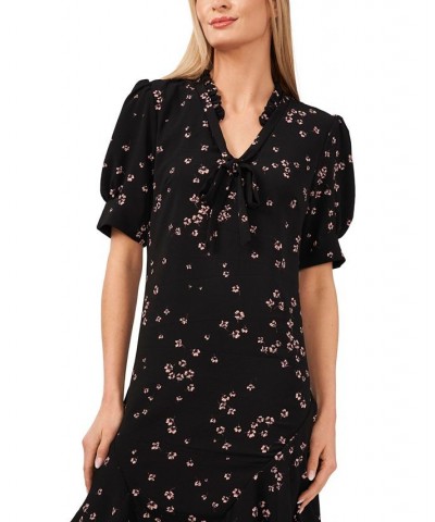 Women's Puff Sleeve V-neck Printed Dress with Tie Rich Black Floret $53.41 Dresses