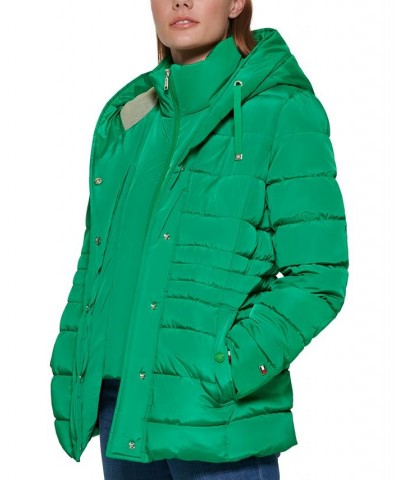 Women's Knit Hooded Puffer Coat Green $75.20 Coats