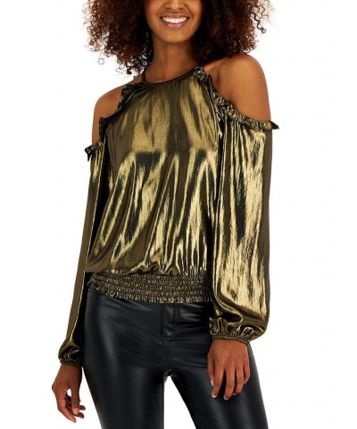 Women's Metallic Cold-Shoulder Ruffle-Trim Blouse Gold $11.69 Tops