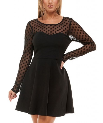Juniors' Flocked-Mesh Mini Illusion-Sleeve Dress Black Jm $20.29 Dresses