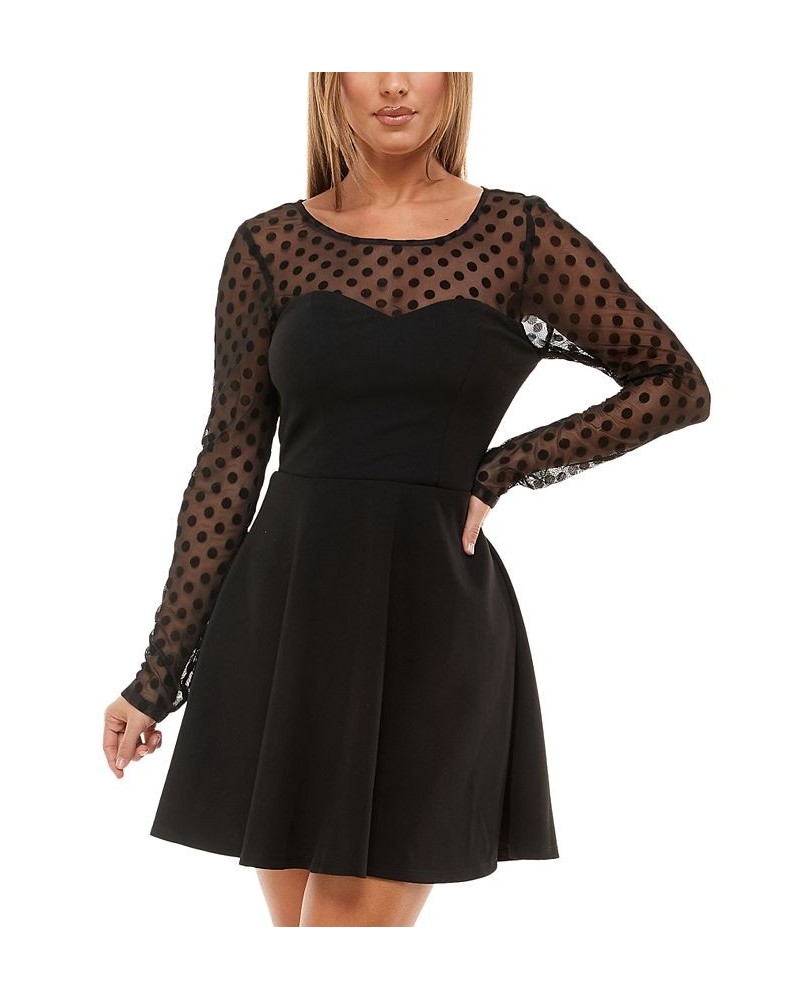 Juniors' Flocked-Mesh Mini Illusion-Sleeve Dress Black Jm $20.29 Dresses