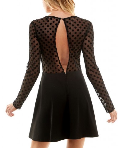 Juniors' Flocked-Mesh Mini Illusion-Sleeve Dress Black Jm $20.29 Dresses