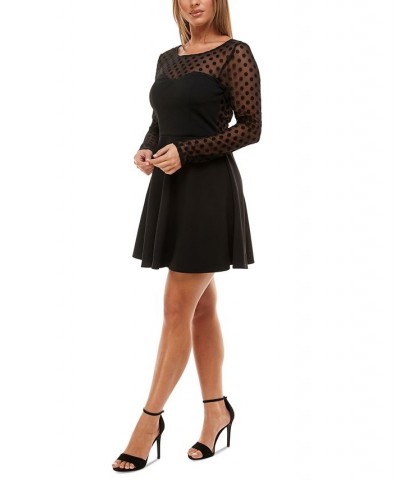 Juniors' Flocked-Mesh Mini Illusion-Sleeve Dress Black Jm $20.29 Dresses