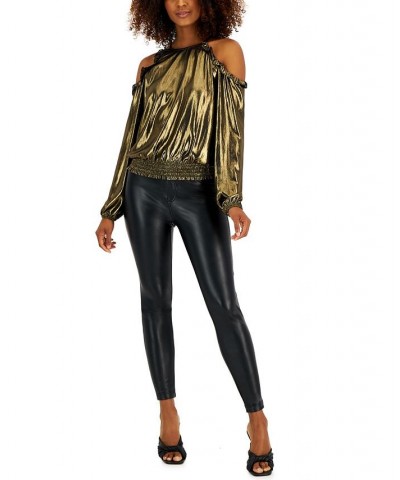 Women's Metallic Cold-Shoulder Ruffle-Trim Blouse Gold $11.69 Tops