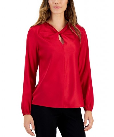 Women's Twisted Keyhole-Neck Long-Sleeve Top Fire Red $21.13 Tops