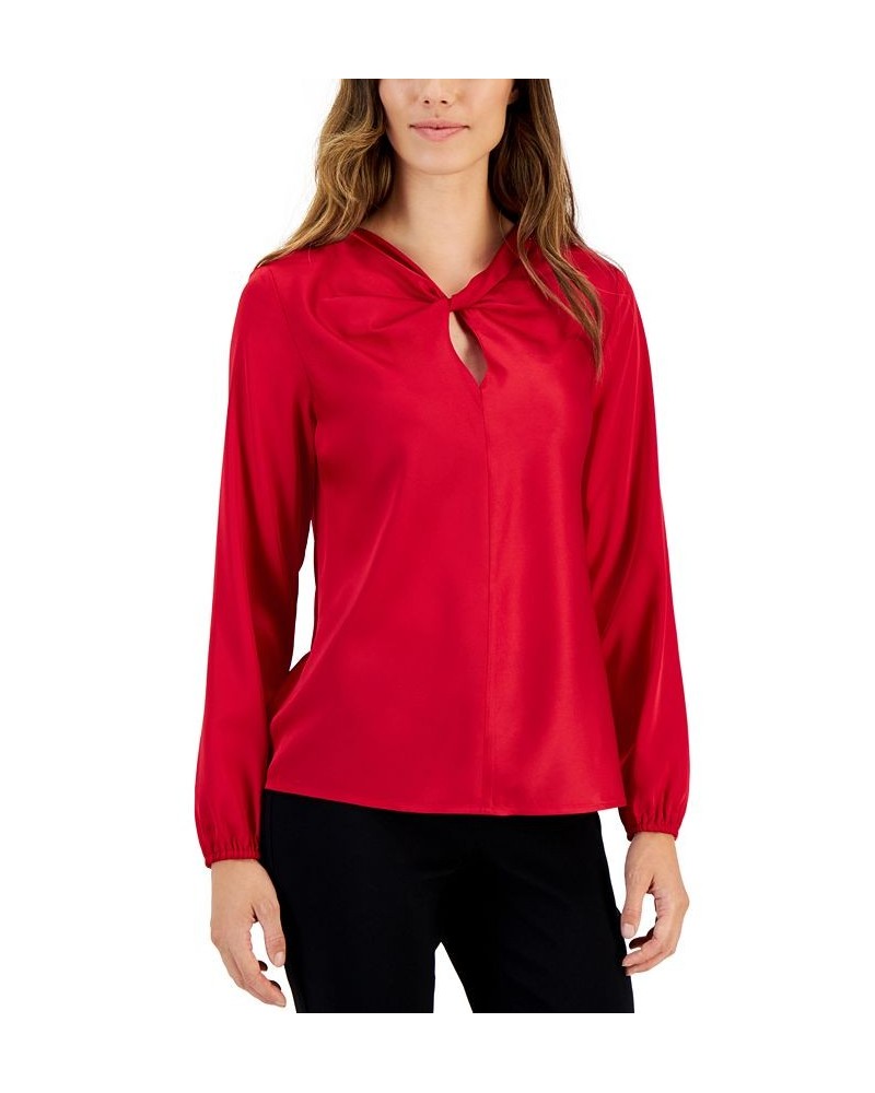 Women's Twisted Keyhole-Neck Long-Sleeve Top Fire Red $21.13 Tops