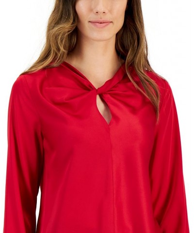 Women's Twisted Keyhole-Neck Long-Sleeve Top Fire Red $21.13 Tops