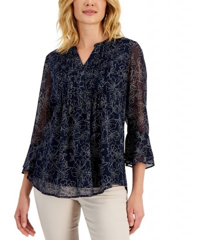 Petite Floral-Print Pintucked Top Intrepid Blue Combo $19.52 Tops