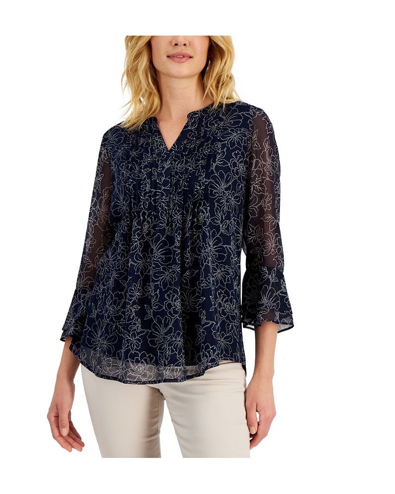 Petite Floral-Print Pintucked Top Intrepid Blue Combo $19.52 Tops