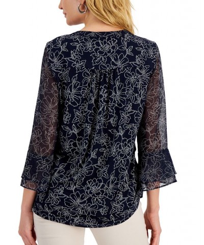 Petite Floral-Print Pintucked Top Intrepid Blue Combo $19.52 Tops