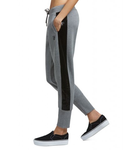 Women's Mid-Rise Sequin-Trim Logo Joggers Light Charcoal Heather $34.70 Pants