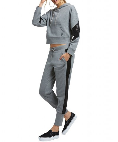 Women's Mid-Rise Sequin-Trim Logo Joggers Light Charcoal Heather $34.70 Pants