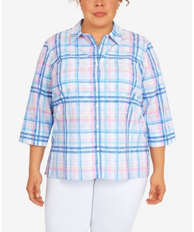 Plus Size Classic Burnout Plaid 3/4 Sleeve Button Down Top Multi $38.22 Tops