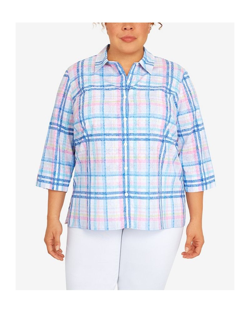 Plus Size Classic Burnout Plaid 3/4 Sleeve Button Down Top Multi $38.22 Tops