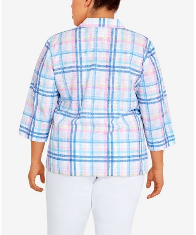 Plus Size Classic Burnout Plaid 3/4 Sleeve Button Down Top Multi $38.22 Tops