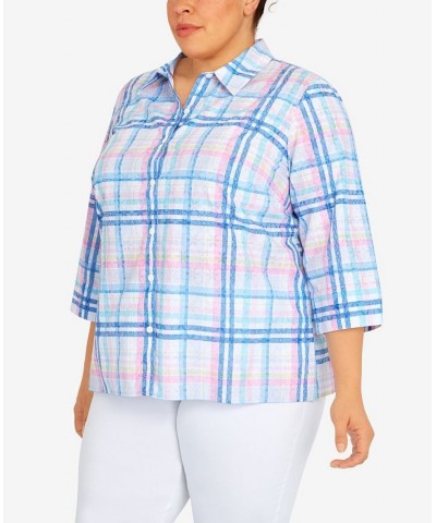 Plus Size Classic Burnout Plaid 3/4 Sleeve Button Down Top Multi $38.22 Tops