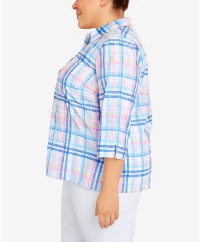 Plus Size Classic Burnout Plaid 3/4 Sleeve Button Down Top Multi $38.22 Tops