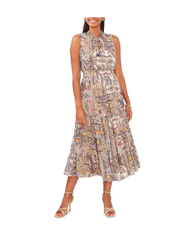 Women's Printed Smocked-Waist Tie-Neck Tiered Dress White/multi $23.60 Dresses