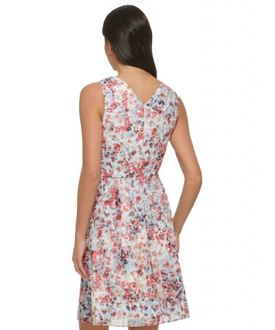 Women's Printed Sleeveless Gathered-Bodice Dress Ivory/Sky Blue Multi $54.72 Dresses