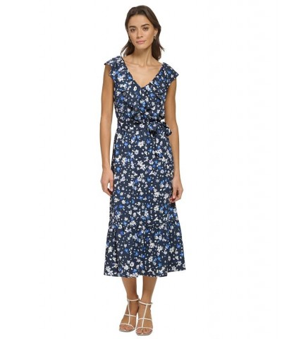 Women's Ruffled Floral-Print Tie-Waist Midi Dress Navy/Marine Multi $53.64 Dresses