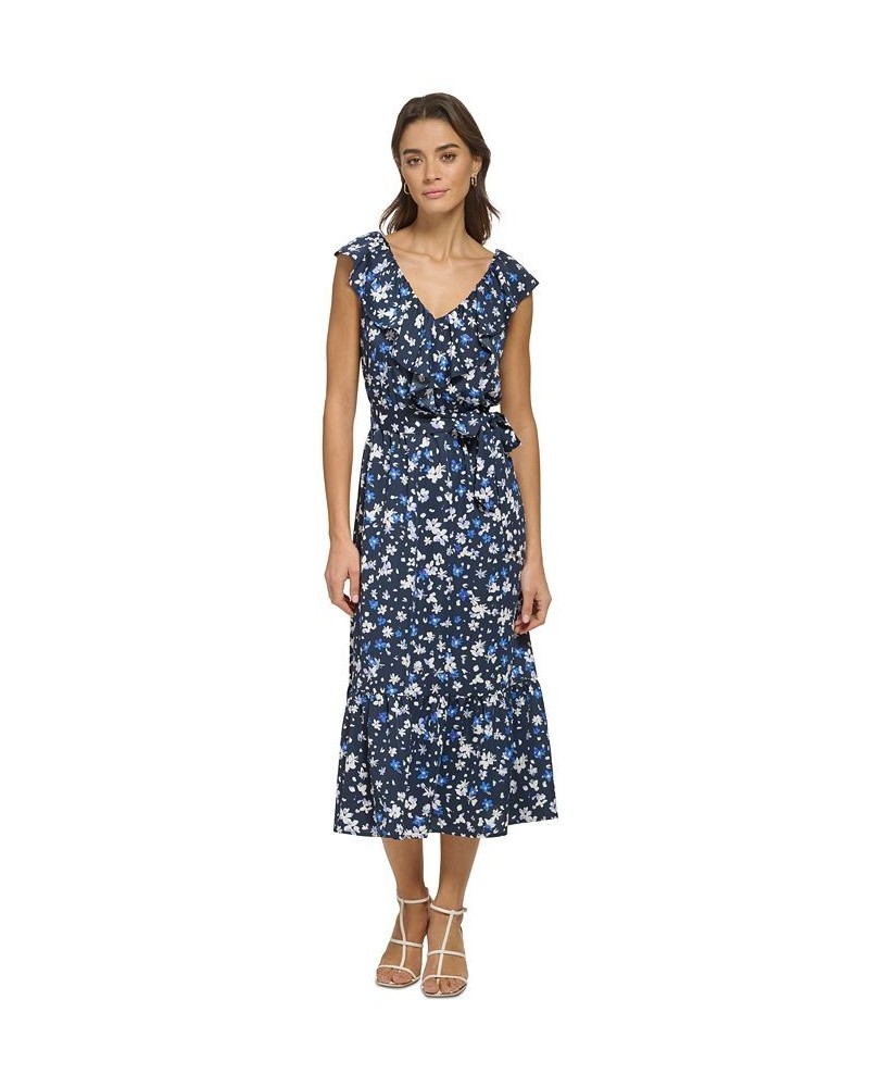 Women's Ruffled Floral-Print Tie-Waist Midi Dress Navy/Marine Multi $53.64 Dresses