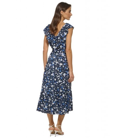 Women's Ruffled Floral-Print Tie-Waist Midi Dress Navy/Marine Multi $53.64 Dresses