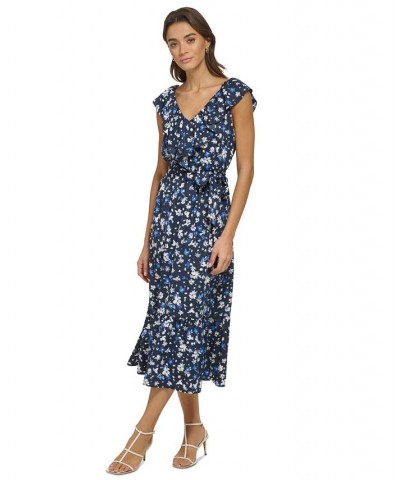 Women's Ruffled Floral-Print Tie-Waist Midi Dress Navy/Marine Multi $53.64 Dresses