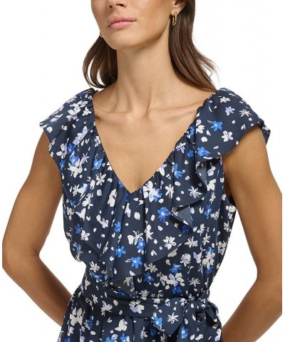 Women's Ruffled Floral-Print Tie-Waist Midi Dress Navy/Marine Multi $53.64 Dresses