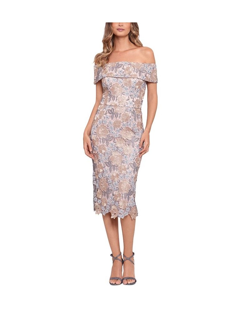 Women's Lace-Detail Off-The-Shoulder Sheath Dress Rose Gold $104.65 Dresses