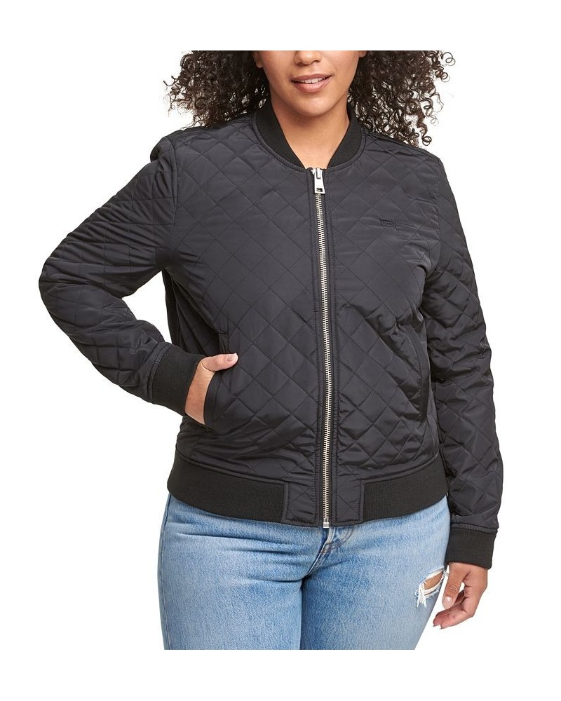 Plus Size Trendy Diamond Quilted Bomber Jacket Black $42.00 Jackets