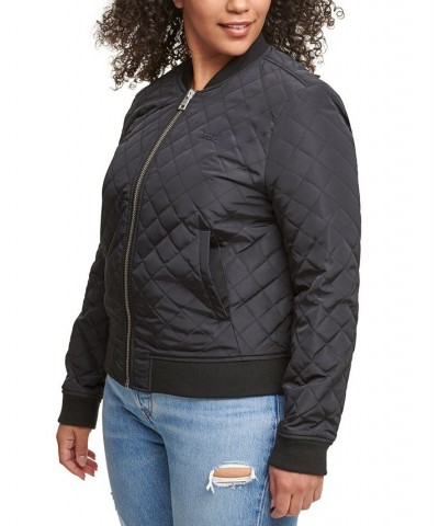 Plus Size Trendy Diamond Quilted Bomber Jacket Black $42.00 Jackets