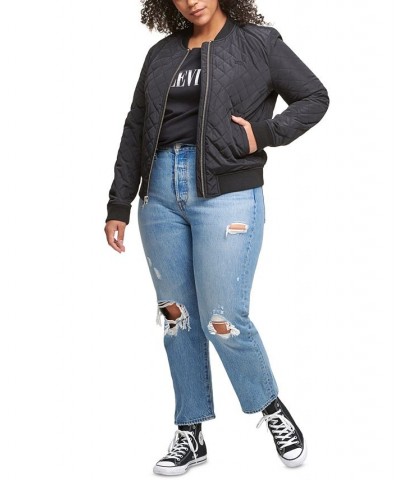 Plus Size Trendy Diamond Quilted Bomber Jacket Black $42.00 Jackets