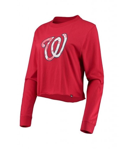 Women's Red Washington Nationals Baby Jersey Cropped Long Sleeve T-shirt Red $19.36 Tops