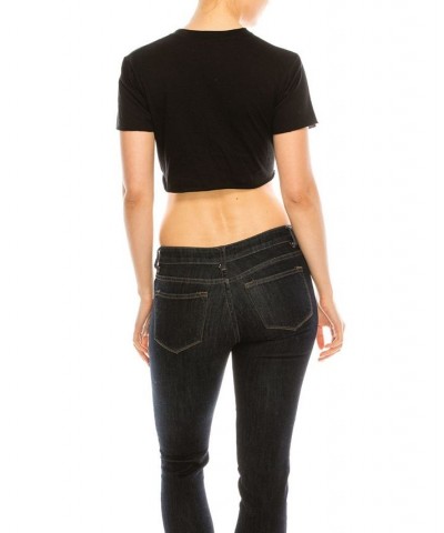 Crew Neck Tied Up Crop Top Tee Black $15.81 Tops