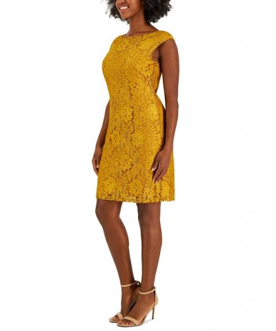 Women's Morgan Sleeveless Floral-Lace Shift Dress Yellow $30.67 Dresses