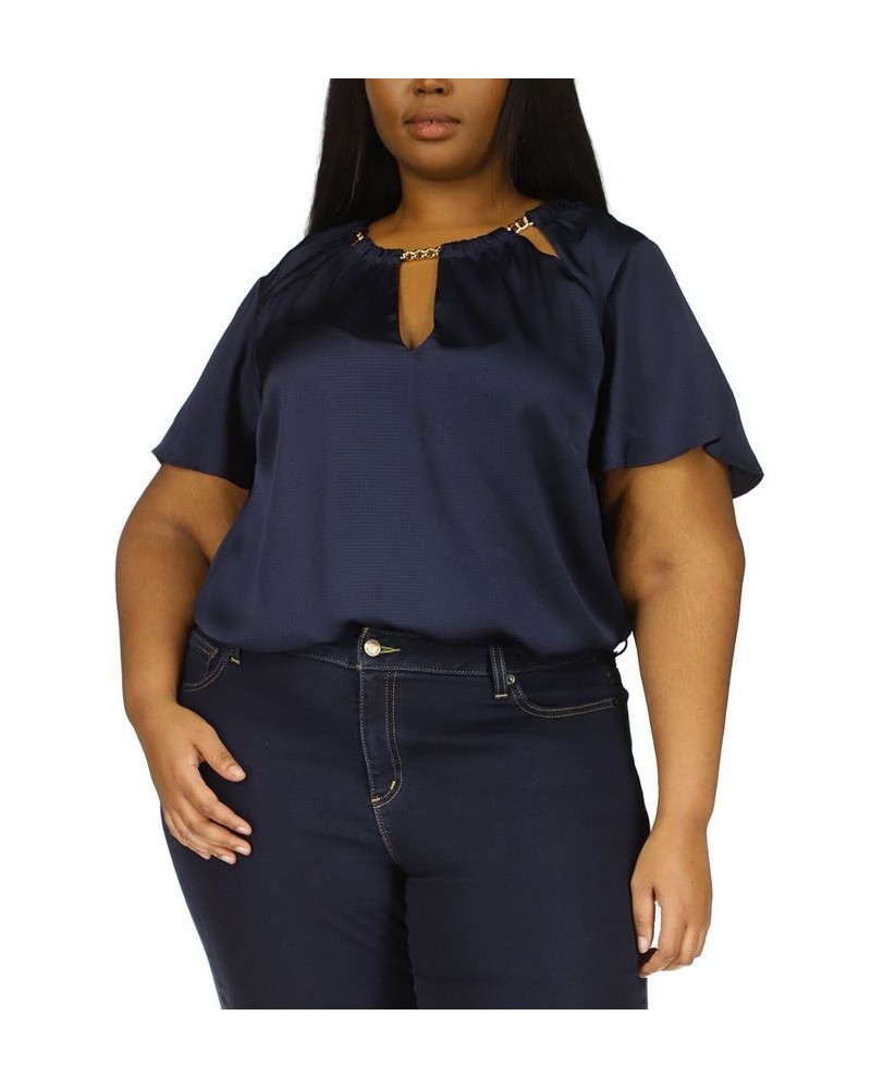 Plus Size Chain-Trim Satin Top Blue $46.25 Tops