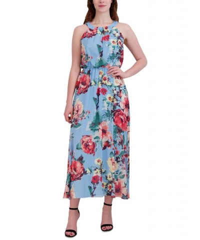 Women's Floral-Print Round-Neck Sleeveless Maxi Dress Blue Pink $43.61 Dresses