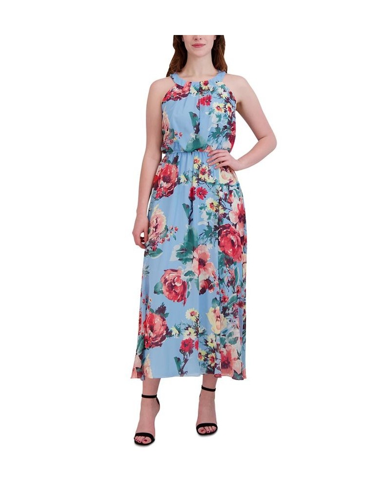 Women's Floral-Print Round-Neck Sleeveless Maxi Dress Blue Pink $43.61 Dresses