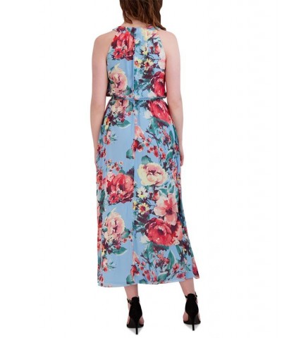 Women's Floral-Print Round-Neck Sleeveless Maxi Dress Blue Pink $43.61 Dresses