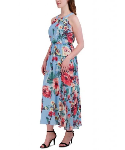 Women's Floral-Print Round-Neck Sleeveless Maxi Dress Blue Pink $43.61 Dresses