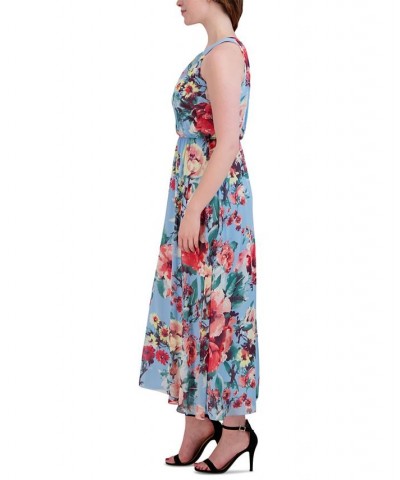 Women's Floral-Print Round-Neck Sleeveless Maxi Dress Blue Pink $43.61 Dresses