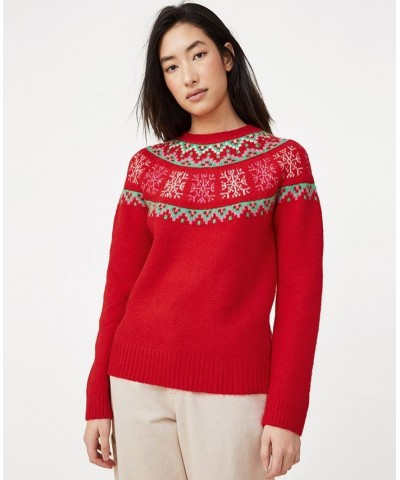 Women's Christmas Crew Neck Sweater Snowflake Placement Red $32.39 Sweaters