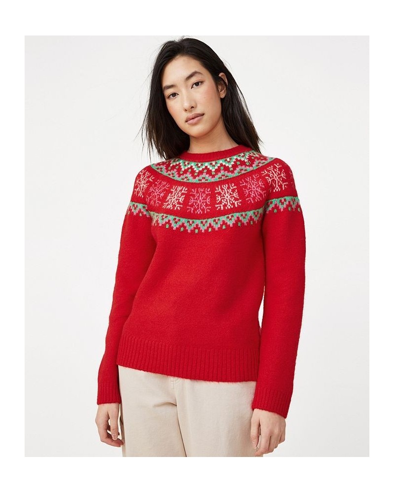 Women's Christmas Crew Neck Sweater Snowflake Placement Red $32.39 Sweaters