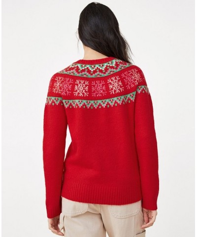 Women's Christmas Crew Neck Sweater Snowflake Placement Red $32.39 Sweaters