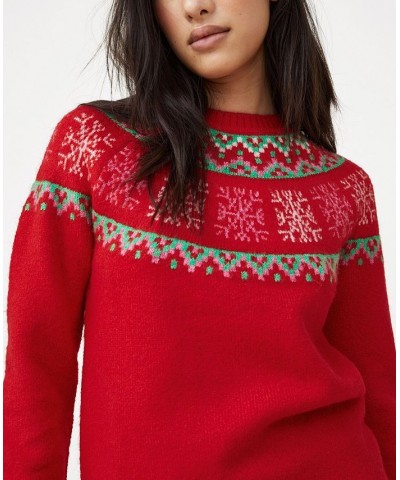 Women's Christmas Crew Neck Sweater Snowflake Placement Red $32.39 Sweaters