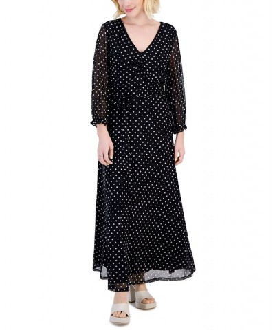 Petite Dot-Print Tie-Waist A-Line Maxi Dress Black $22.99 Dresses