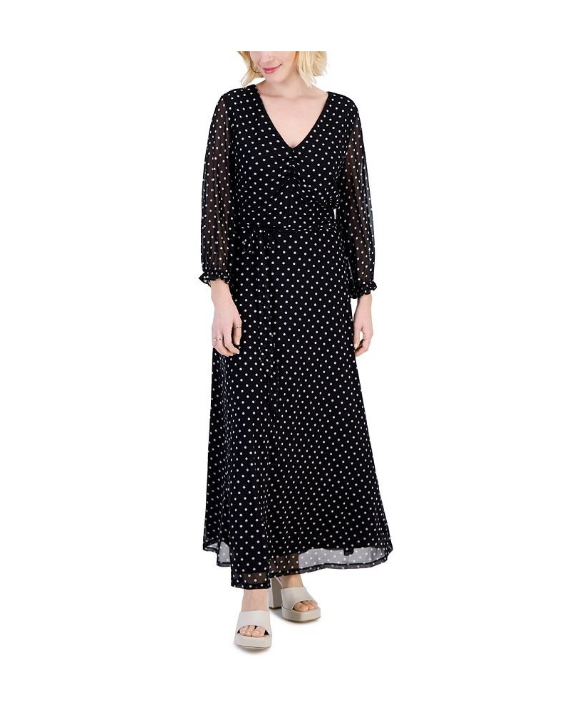 Petite Dot-Print Tie-Waist A-Line Maxi Dress Black $22.99 Dresses