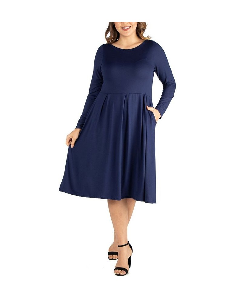 Women's Plus Size Fit and Flare Midi Dress Navy $19.13 Dresses