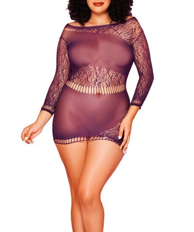Tory Plus Size Long Sleeve Knit Chemise with Asymmetrical Floral Pattern Purple $24.38 Lingerie