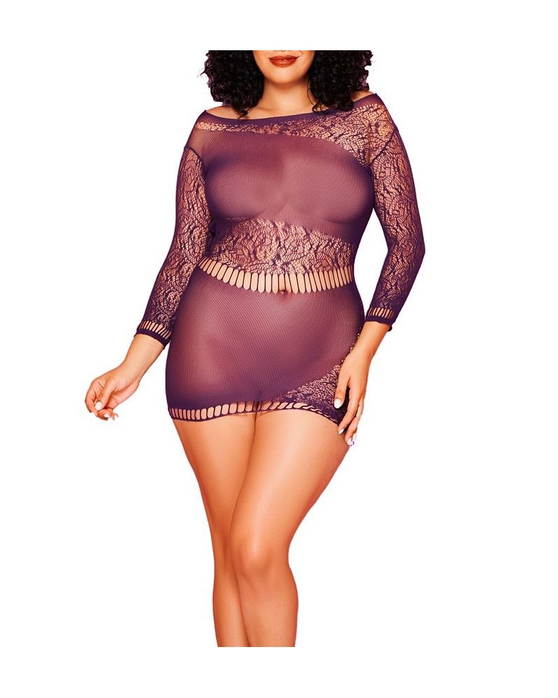 Tory Plus Size Long Sleeve Knit Chemise with Asymmetrical Floral Pattern Purple $24.38 Lingerie